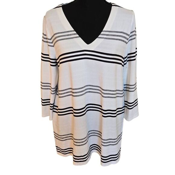 J Jill Womens Wearever Black White Stripe V Neck Tunic Top Size Medium Petite - Picture 1 of 12